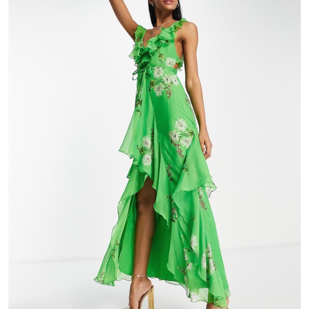 Asos Design Blue Ruffle Trim Dipped Hem Maxi Dress US Size 4 - Picture 14 of 14